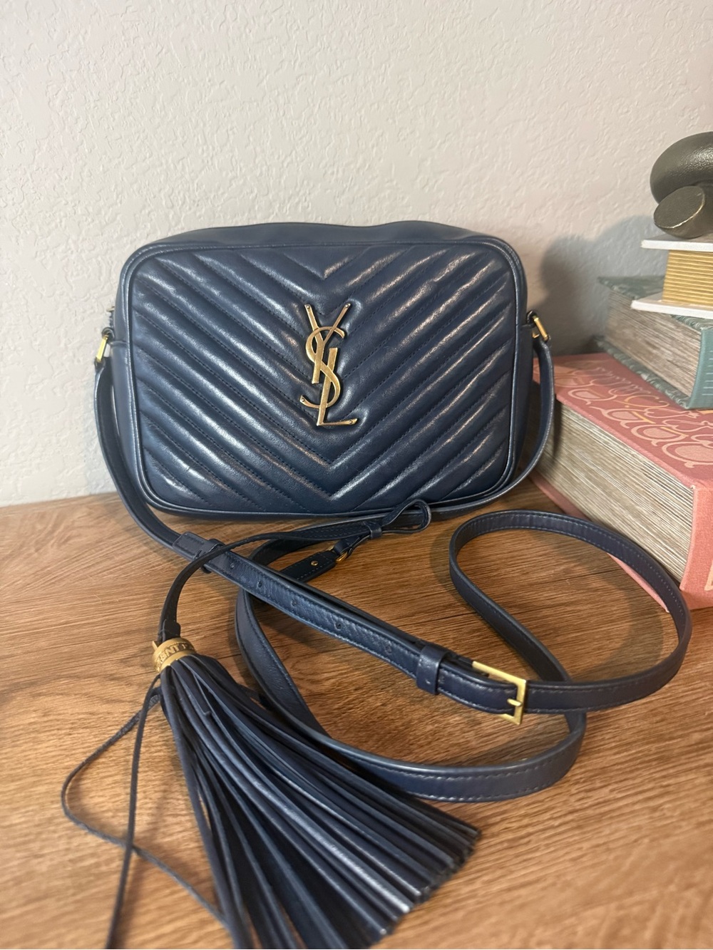 Saint Laurent Dark Blue Chevron Quilted Leather Crossbody with Tassel YSL